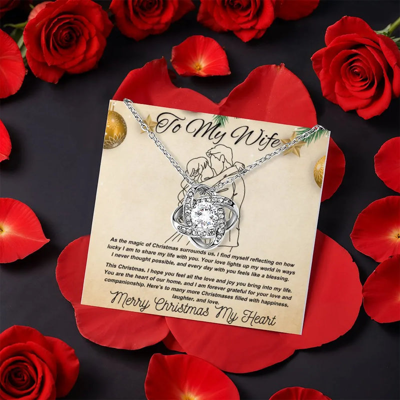 Rotating Rose Box Love Knot Pendant, Wife Love Knot Necklace, CZ Crystal Knot Necklace, Romantic Christmas Jewelry, Holiday Present for Her