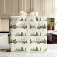 Green Pickup Tree Gift Wrap, Vintage Truck Christmas Wrapping Paper, Rustic Holiday Wrapping Paper, Farmhouse Christmas Present Packaging