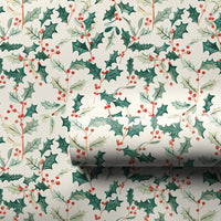 Traditional Christmas Gift Wrap, Watercolor Holly Berries Wrapping Paper, Botanical Winter Holiday Wrapping Paper, Festive Gift Wrap Roll