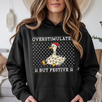 Humorous Christmas Duck Holiday Sweatshirt, Overstimulated but Festive Goose Hoodie, Adorable Animal Lover Hooded Pullover, Introvert Xmas Present