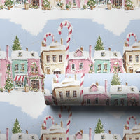 Candy Cane Winter Gift Wrap, Pastel Christmas Village Wrapping Paper, Pink Townhouse Holiday Wrapping Paper