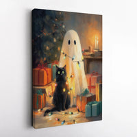 Whimsical Christmas Lights Printable Wall Art, Ghost and Black Cat Digital Download, Spooky Holiday Canvas Print, Comfy Winter Decor Poster