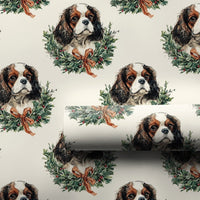 Vintage Spaniel Wreath Gift Wrap, Cavalier King Charles Wrapping Paper, Adorable Dog Christmas Wrapping Paper, Holiday Pet Gift Wrapping Paper