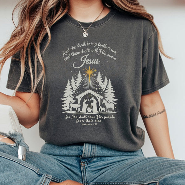 Matthew 1:21 Bible Verse Shirt, Nativity Scene T-Shirt, Christian Christmas Graphic Tee, Religious Faith Crewneck T-Shirt, Ho