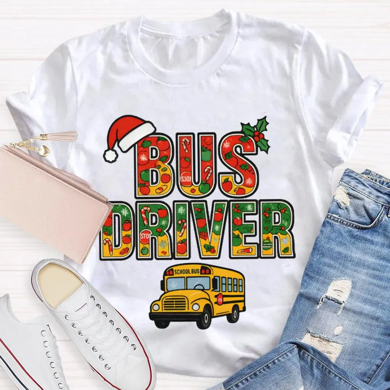 Santa Hat Bus Driver Graphic Tee, School Bus Driver Christmas T-Shirt, Humorous Holiday Driver Shirt, Transportation Staff Xmas Present