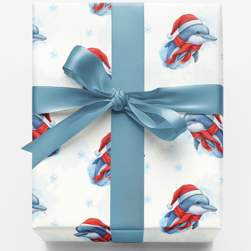 Winter Ocean Holiday Wrapping Paper, Christmas Dolphin Gift Wrapping Paper, Adorable Marine Animal Gift Wrapping Paper, Kids Present Wrap