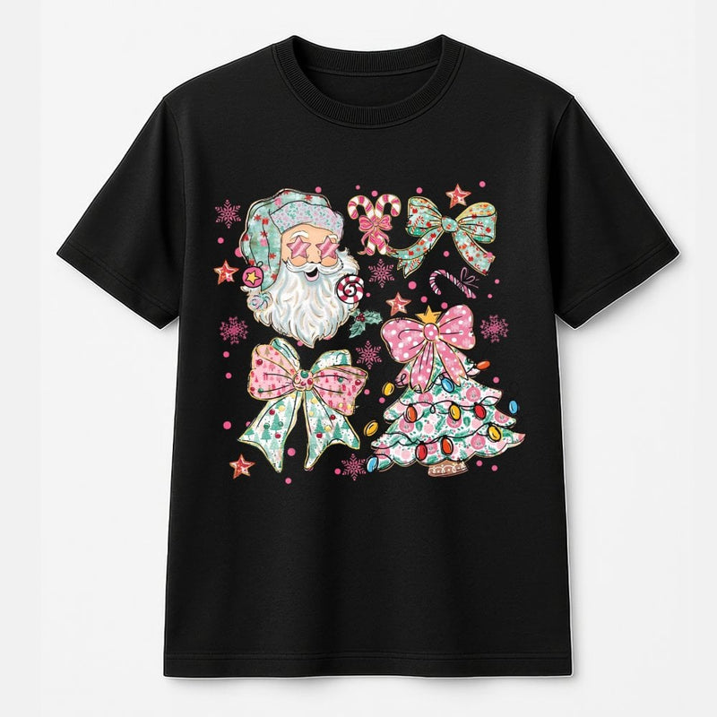 Aesthetic Santa Claus Graphic Tee, Coquette Pink Bow Christmas T-Shirt, Adorable Vintage Holiday Girly Shirt, Festive Xmas Graphic T-Shirt