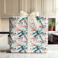 Tropical Palm Tree Gift Wrap, Pink Flamingo Christmas Wrapping Paper, Coastal Holiday Wrapping Paper, Festive Summer Xmas Gift Wrap