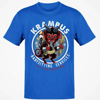 Humorous Christmas Horror Graphic Tee, Krampus Babysitting Service T-Shirt, Spooky Holiday Folklore Shirt, Alpine Demon Winter Top