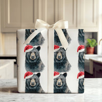 Woodland Animal Gift Wrap, Santa Hat Black Bear Christmas Wrapping Paper, Rustic Bear Holiday Wrapping Paper, Festive Winter Wildlife Paper