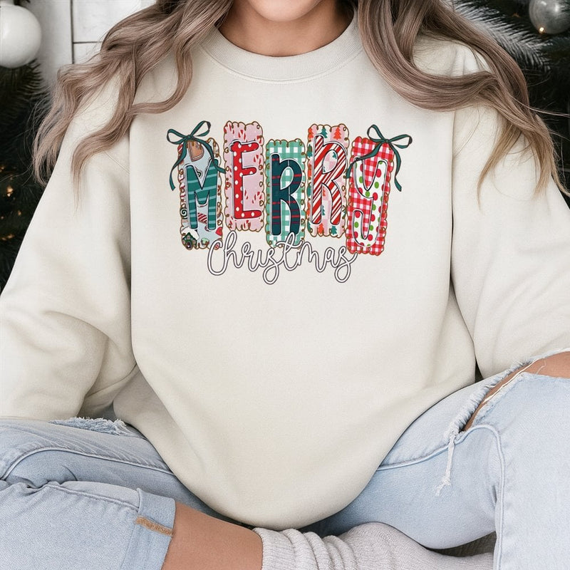 Merry Christmas Holiday Sweater, Coquette Bow Christmas Sweatshirt, Adorable Aesthetic Bow Xmas Crewneck, Preppy Winter Pullover Sweatshirt