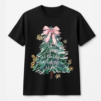 Coquette Christmas Tree Shirt, Oh Come Let Us Adore Him T-Shirt, Christian Faith Holiday Graphic Tee, Religious Christmas Season Shirt