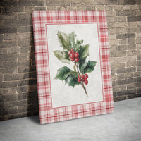 Red Plaid Border Festive Wall Art, Watercolor Christmas Holly Canvas Art, Holiday Botanical Canvas Print, Winter Seasonal Home Decor