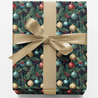 Holiday Ornament Gift Wrap Paper, Fir Tree Christmas Wrapping Paper, Festive Botanical Wrapping Paper, Winter Holiday Gift Wrap Roll