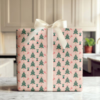 Whimsical Holiday Gift Wrap, Pink Christmas Tree Wrapping Paper, Santa Hat and Bells Xmas Wrapping Paper, Adorable Festive Gift Wrap Roll