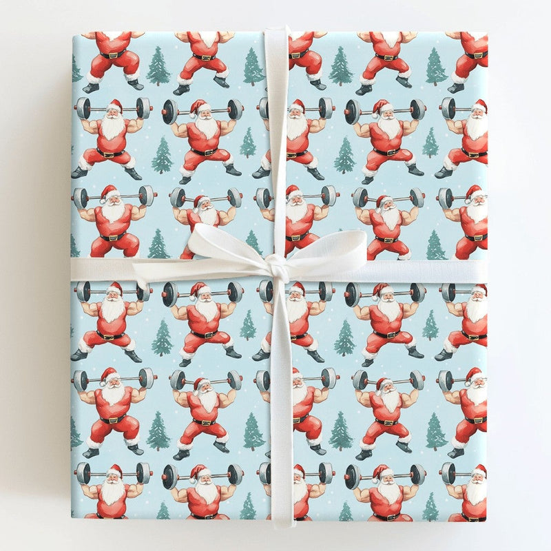 Muscular Weightlifting Santa Gift Wrap, Buff Santa Wrapping Paper, Humorous Gym Christmas Present Paper, Fitness Holiday Gift Wrapping Paper