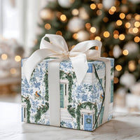 Holiday Front Door Gift Wrap, Blue Toile Christmas Wrapping Paper, Winter Wreath Festive Wrapping Paper, Elegant Xmas Gift Wrapping Paper