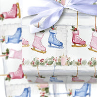 Fireplace Mantel Gift Wrap, Ice Skate Christmas Wrapping Paper, Watercolor Winter Skater Wrapping Paper, Holiday Gift Wrap Roll