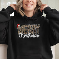 Santa Hat Animal Print Hooded Sweatshirt, Merry Christmas Leopard Print Hoodie, Trendy Holiday Pullover, Comfy Xmas Present for Her Him