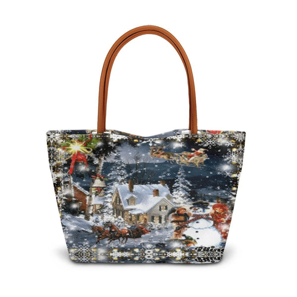 Santa Sleigh and Snowman Tote Bag, Vintage Christmas Scene Tote Bag, Retro Holiday Tote Bag, Winter Shoulder Bag, Festive Xma