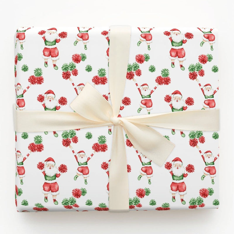 Humorous Holiday Cheer Gift Wrap, Cheerleading Santa Wrapping Paper, Pom Pom Santa Claus Wrapping Paper, Adorable Christmas Present Wrapping Paper