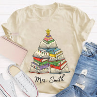 Personalized Holiday Shirt, Custom Christmas Trees and Books T-Shirt, Comfy Book Lover Xmas Graphic Tee, Custom Name Christmas Present Tee