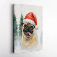 Watercolor Santa Hat Puppy Canvas Print, Christmas Pug Canvas Art, Festive Dog Wall Art, Holiday Animal Canvas Decor, Present for Pug Lovers