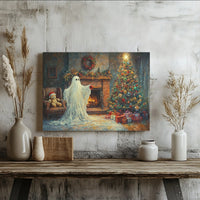 Spooky Holiday Fireplace Canvas, Ghost Decorating Christmas Tree Canvas, Whimsical Winter Canvas Print, Adorable Xmas Wall Art, Holiday Present