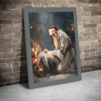 Nativity Scene Canvas Print, Kneeling Santa Baby Jesus Canvas Art, Christian Christmas Canvas Wall Decor, Holiday Faith Wall Art, Xmas Present