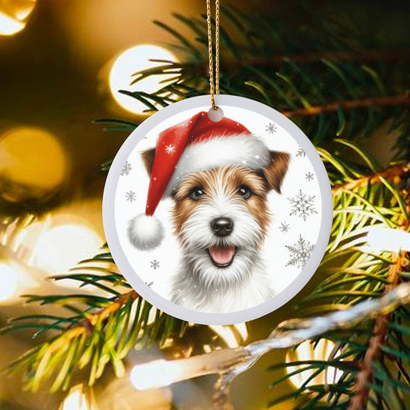Santa Hat JRT Dog Ornament, Jack Russell Terrier Christmas Ornament, Ceramic Pet Holiday Tree Keepsake, Terrier Lover Xmas Present