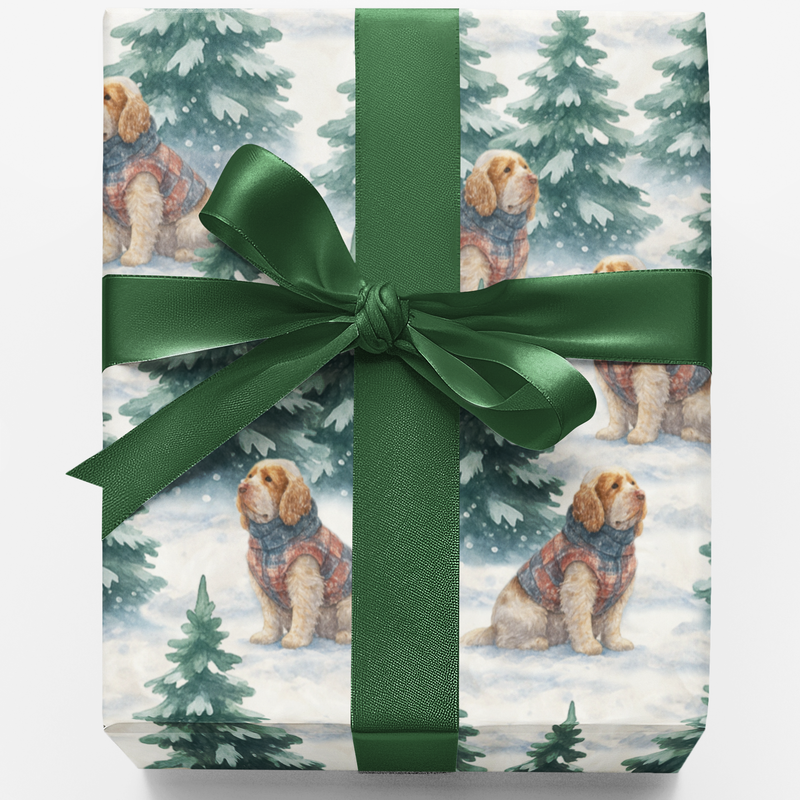 Festive Spaniel Dog Gift Wrap, Clumber Spaniel Christmas Wrapping Paper, Adorable Dog Holiday Wrapping Paper, Xmas Dog Lover Present Paper Roll