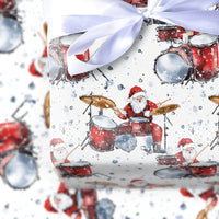 Watercolor Drummer Gift Wrap, Drumming Santa Christmas Wrapping Paper, Rock and Roll Santa Wrapping Paper, Music Lover Holiday Gift Wrap