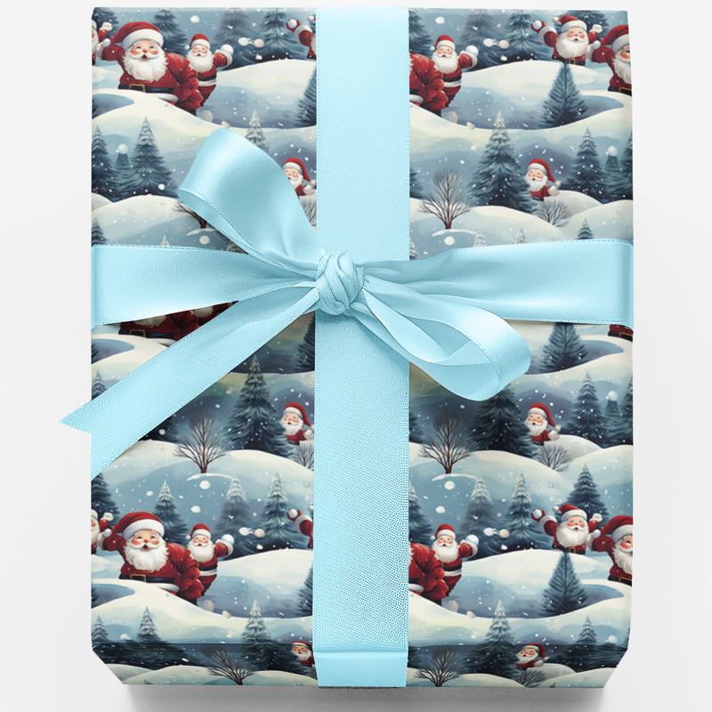 Snowball Blitz Holiday Gift Wrap, Santa Claus Christmas Wrapping Paper, Winter Wonderland Wrapping Paper, Festive Santa Gift Wrap Roll