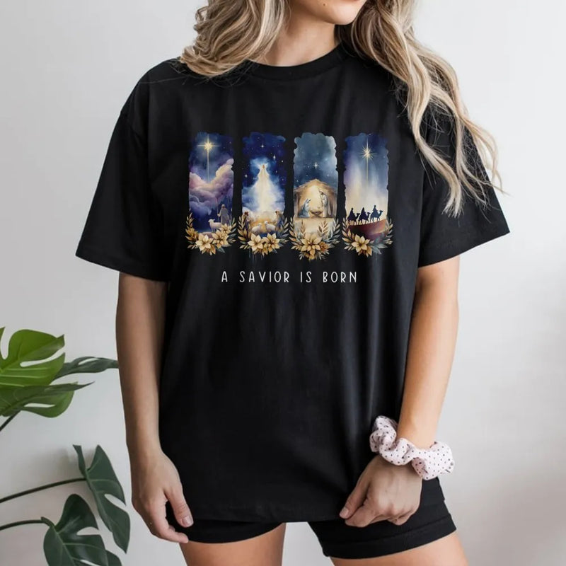 Watercolor Nativity Christmas Shirt, A Savior Is Born T-Shirt, Christian Holiday Graphic Tee, Religious Xmas T-Shirt, Faith Present for Women