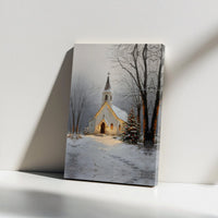 Snowy Lit Tree Holiday Wall Art, Winter Christmas Church Canvas Print, Rustic Country Church Scene, Festive Canvas Decor