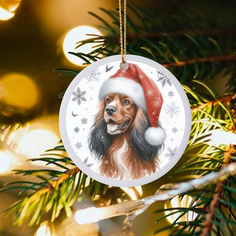 Dog in Santa Hat Ceramic Ornament, Cocker Spaniel Christmas Ornament, Festive Puppy Tree Decoration, Holiday Dog Lover Keepsake Ornament