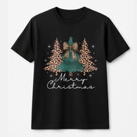 Coquette Bow Holiday Tee, Leopard Print Christmas Tree T-Shirt, Adorable Preppy Xmas Graphic Shirt, Girly Tis the Season Top