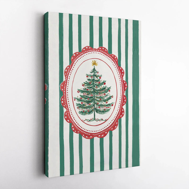 Red Scalloped Stripe Holiday Canvas Print, Vintage Christmas Tree Canvas Wall Art, Festive Xmas Tree Canvas Decor, Winter Seasonal Wall Art