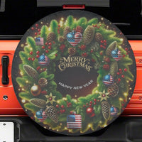 Patriotic Holiday Wheel Cover, American Flag Christmas Wreath Spare Tire Cover, Festive Xmas Tire Protector, Waterproof SUV Car Decor