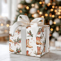 Cowboy Boots Holiday Gift Wrap, Western Christmas Wrapping Paper, Rustic Country Xmas Gift Wrapping Paper, Winter Holly Present Paper Roll