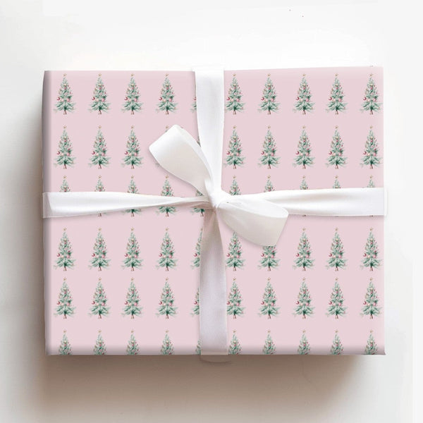 Pastel Pink Christmas Tree Gift Wrap, Watercolor Christmas Tree Wrapping Paper, Chic Holiday Wrapping Paper, Retro Xmas Tree 