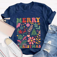 Colorful Flowers Holiday Trees Tee, Christmas Floral Tree Shirt, Botanical Xmas Graphic T-Shirt, Festive Winter Holiday Apparel