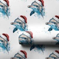 Watercolor Christmas Dolphin Wrapping Paper, Santa Hat Dolphin Wrapping Paper, Coastal Beach Holiday Wrapping Paper, Ocean Animal Gift Wrap