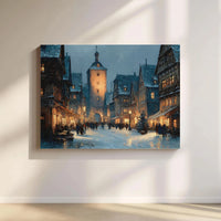 Snowy European Town Night Scene Print, Winter Village Canvas Wall Art, Comfy Christmas Holiday Canvas Decor, Rustic Winter Wonderland