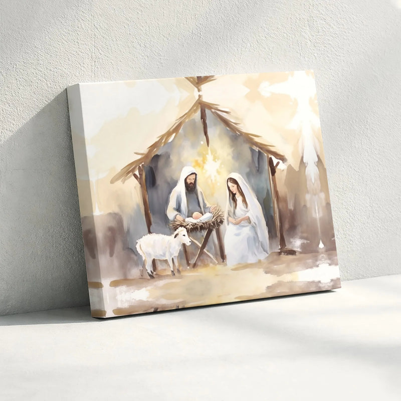 Holy Family Manger Canvas Art, Watercolor Nativity Canvas Print, Christian Christmas Wall Art, Religious Canvas Decor, Digital Download