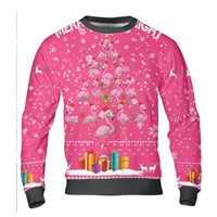 Tropical Holiday Ugly Sweater, Pink Flamingo Christmas Tree Ugly Sweater, Merry and Bright Xmas Pullover, Beach Christmas Ugly Sweater Present