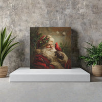 Classic Christmas Square Canvas Print, Vintage Santa and Cardinal Canvas Wall Art, Oil Painting Holiday Canvas, Xmas Home Decor Present