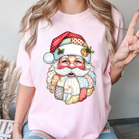 Retro Quilt Pattern Christmas Shirt, Patchwork Santa Claus T-Shirt, Vintage Santa Holiday T-Shirt, Festive Xmas Tee, Winter Holiday Present