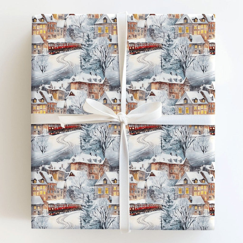 Watercolor Snowy Alpine Gift Wrap, Winter Village Red Train Wrapping Paper, Nostalgic Holiday Wrapping Paper, Christmas Gift Wrap Roll