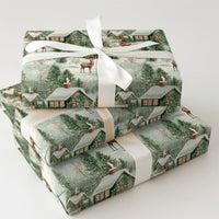 Vintage Snowy Cabin Gift Wrap, Winter Woodland Wrapping Paper, Rustic Forest Deer Wrapping Paper, Christmas Holiday Present Gift Wrap